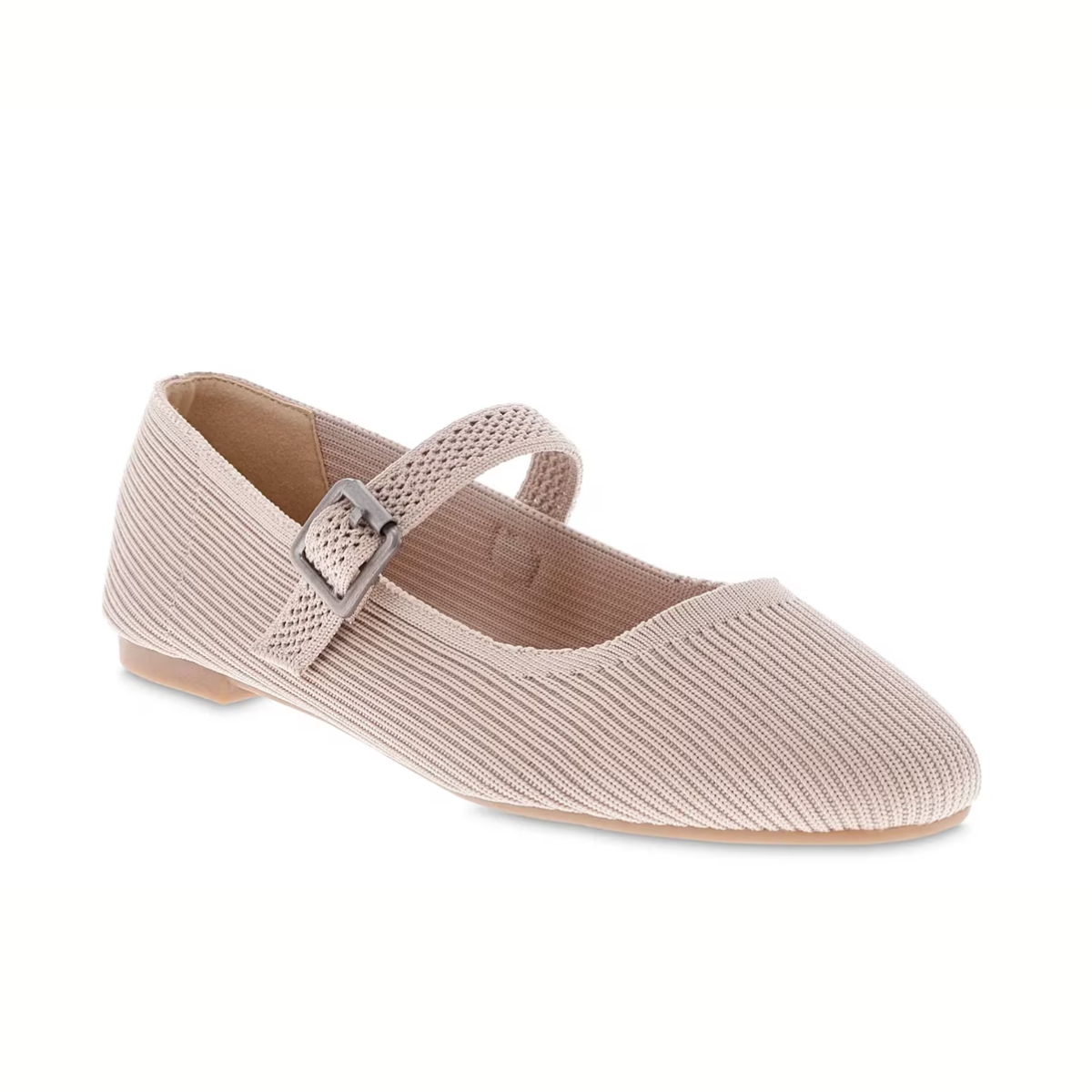 The MIA Mia Brita Mary Jane Flat in Oatmeal features a knit upper and adjustable metal buckle strap for a comfortable fit.