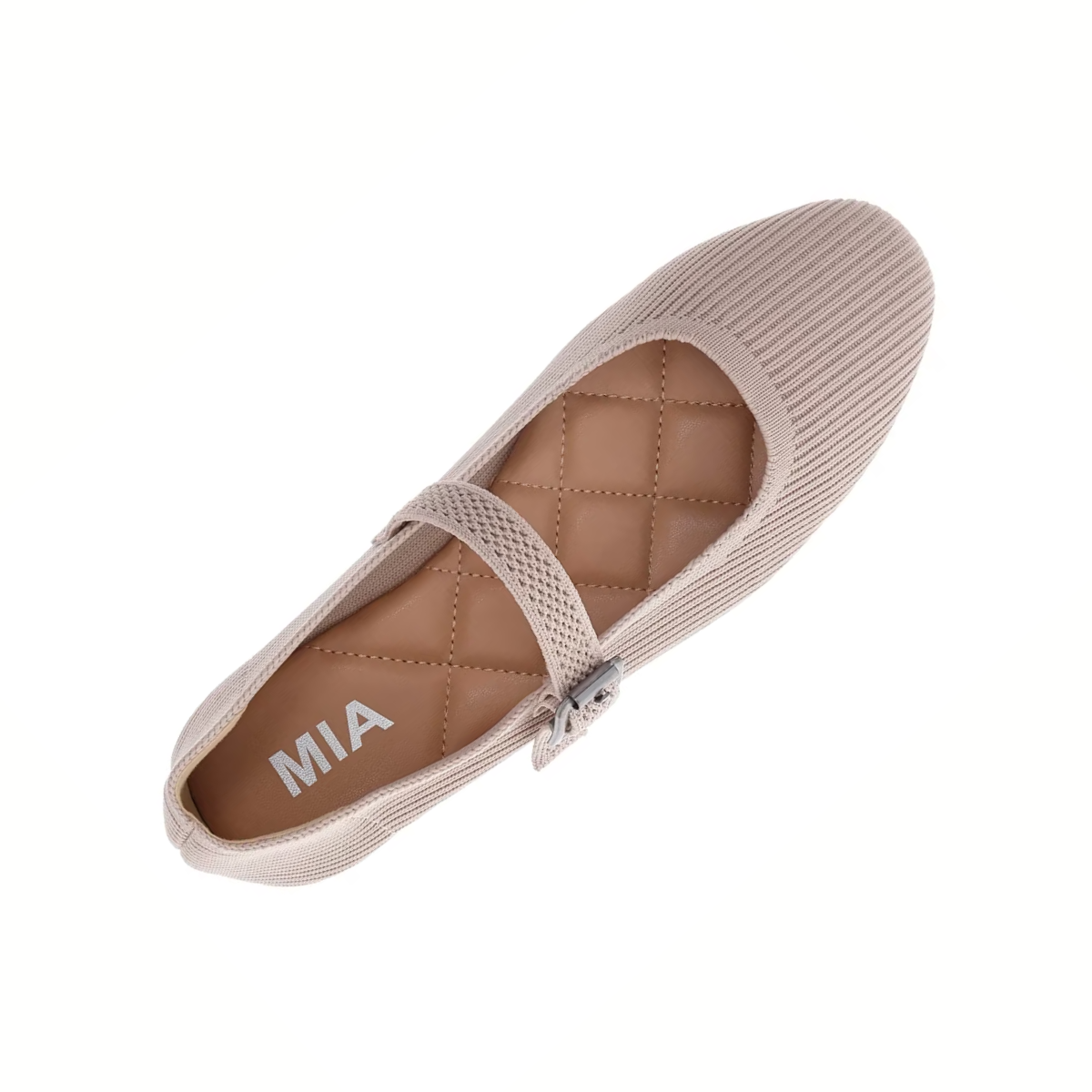 Top view of the MIA Brita Mary Jane Flat in Oatmeal, featuring a beige ribbed knit, quilted insole, buckle strap, "MIA" branding on the footbed, and soft fabric for comfort.
