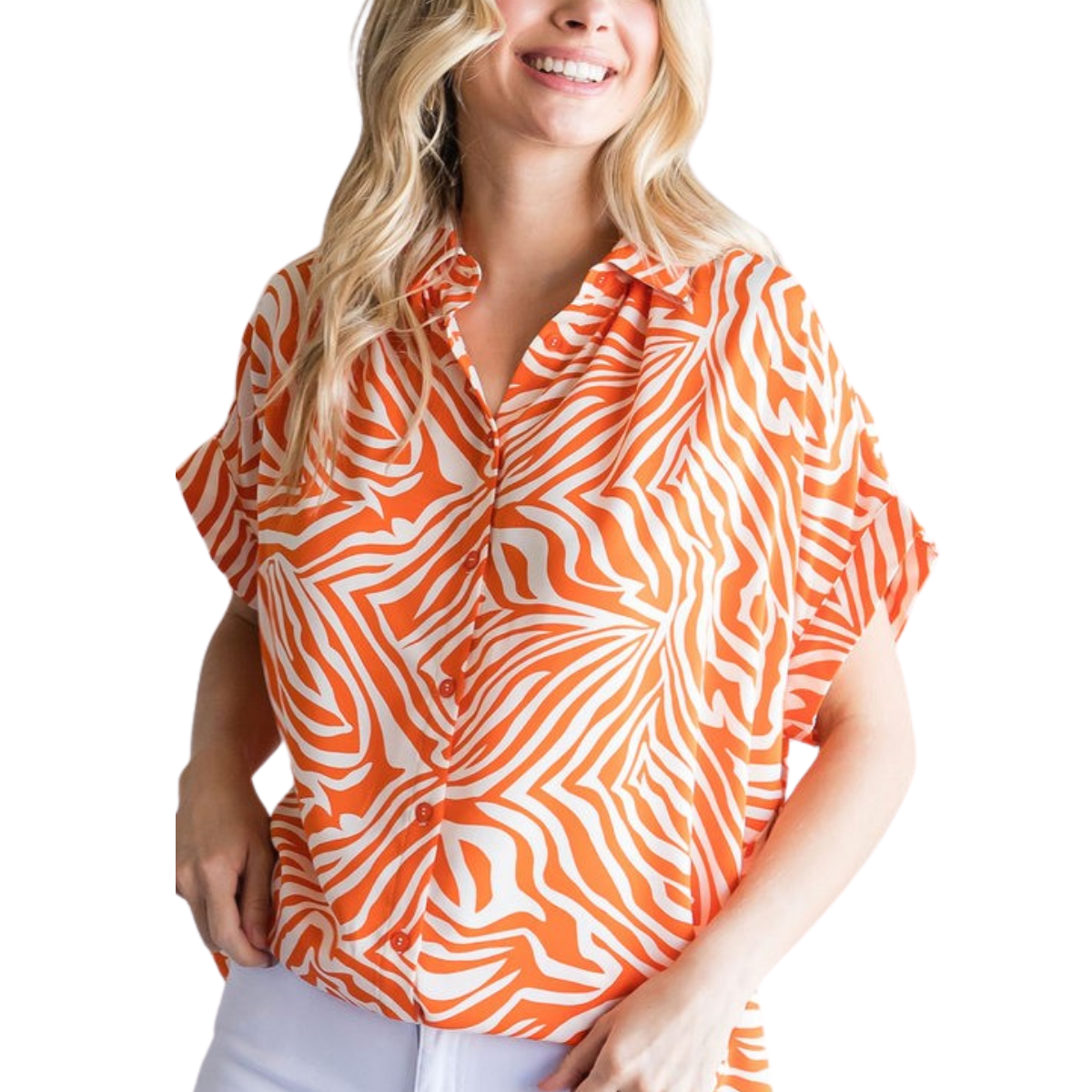 A woman wears the FASHION GO Tiger Print Collared Button Up Top with ruched shoulders and short sleeves, styled with light-colored pants.