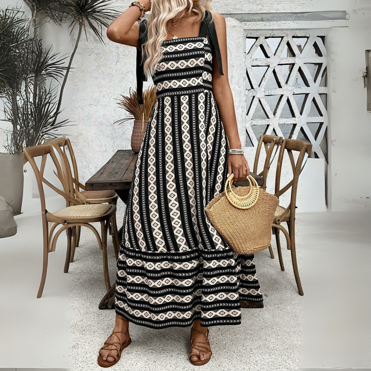 A woman stands indoors wearing the Shewin Ethnic Print Stripe Knot Strap Maxi Dress, holding a woven handbag amid wooden chairs and a dining table decorated with plants.