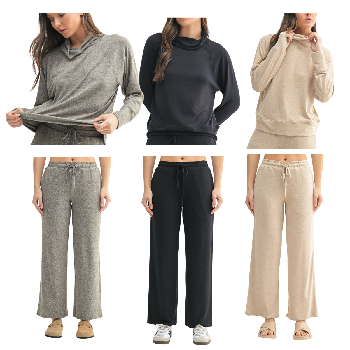Five women wear the FASHION GO Brushed Hacci Lounge Set in assorted beige, black, and gray, featuring relaxed-fit long-sleeve tops and wide-leg drawstring pants made from soft brushed Hacci fabric, shown against a white background.