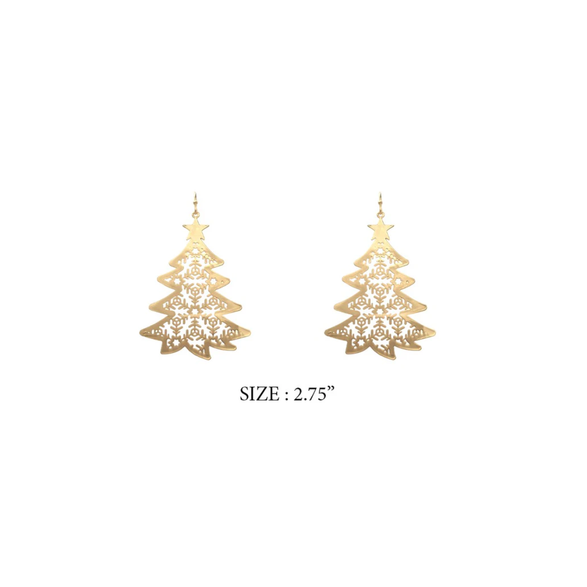 Flipflops & Whatnots' Gold Filigree Christmas Tree 2.75" Earrings feature intricate cutout designs, shown on a white background. Lightweight and ideal for holiday outfits.