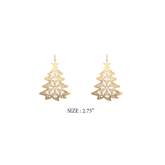 Flipflops & Whatnots' Gold Filigree Christmas Tree 2.75" Earrings feature intricate cutout designs, shown on a white background. Lightweight and ideal for holiday outfits.