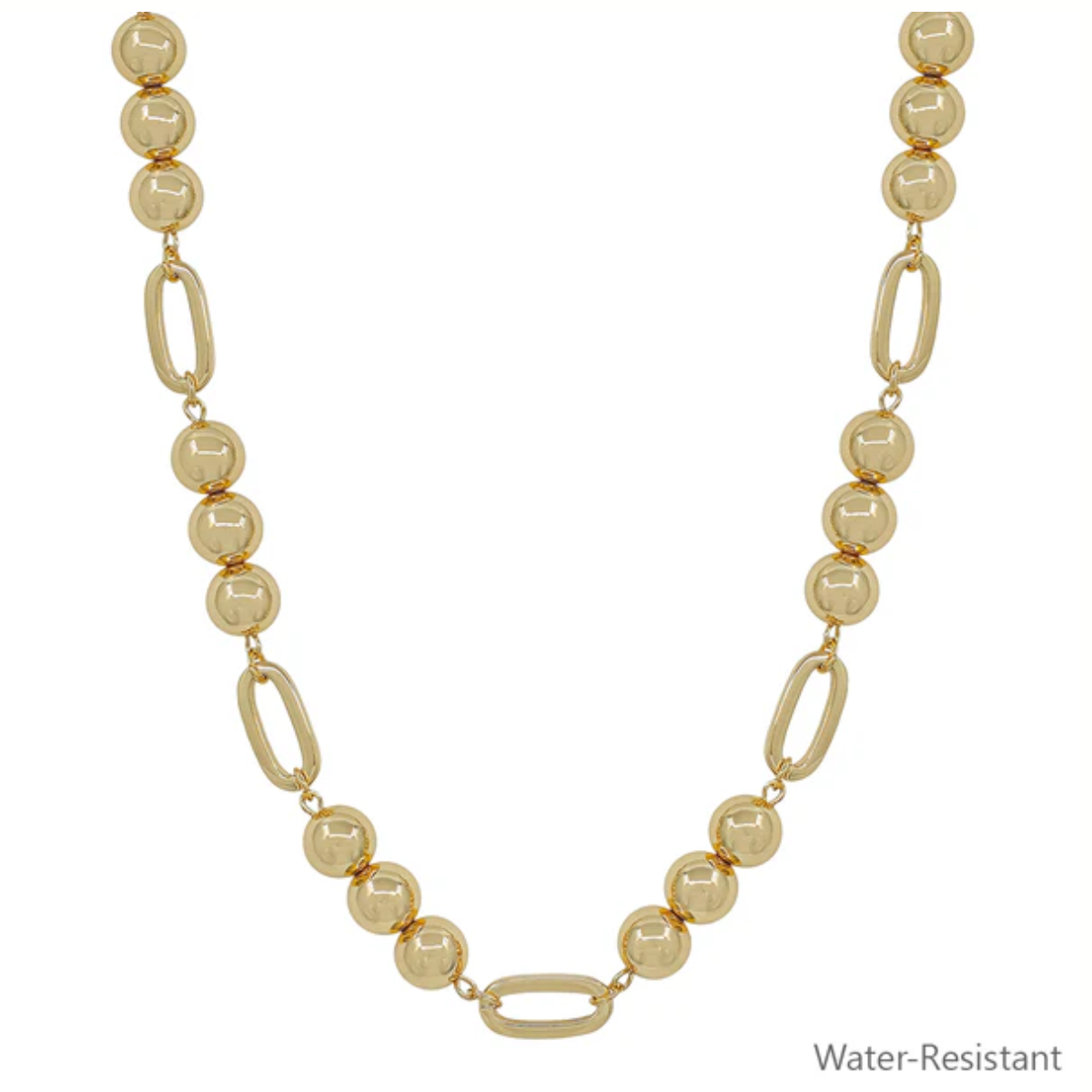 Fashiongo Water Resistant Gold Beaded 10MM Beaded and Open Oval Necklace, adjustable 16"-18", features alternating round beads and open oval links, displayed on a plain background with "Water Resistant Necklace" text.