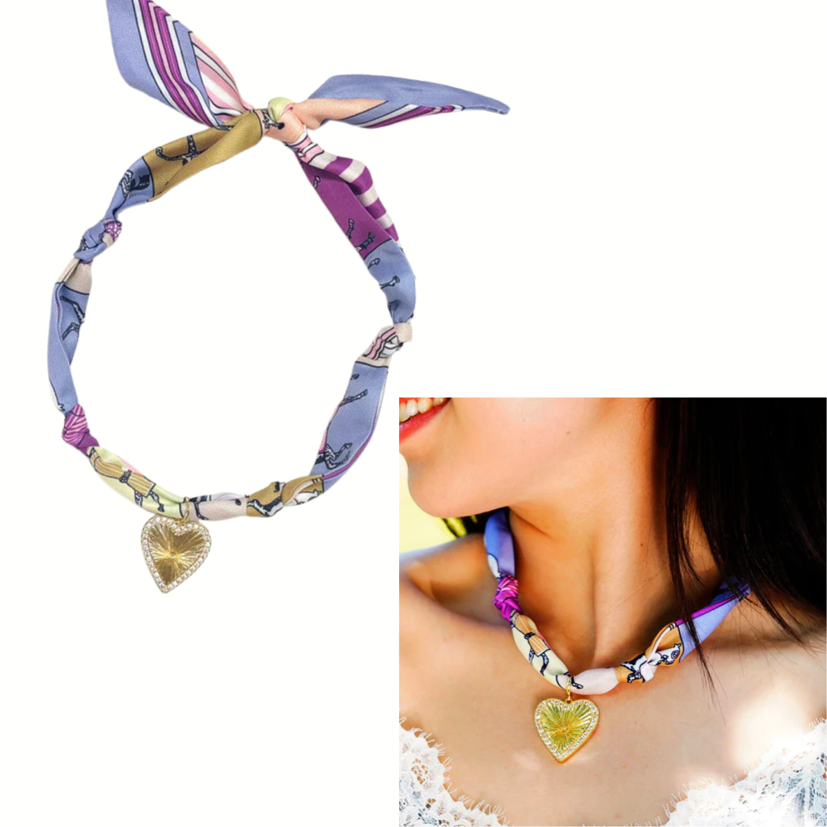 The FASHION GO Scarf Necklace Purple with Gold Rhinestone Heart features a knotted, multicolored design and a sparkling heart pendant. Shown on a white background and elegantly worn around a woman's neck.