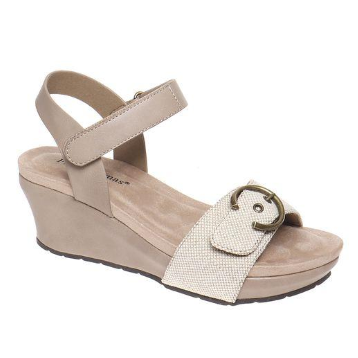 The Olem Chantal-24 Wedge in Sand features a textured front strap, large decorative buckle, adjustable ankle strap, and a cushioned footbed for all-day comfort.