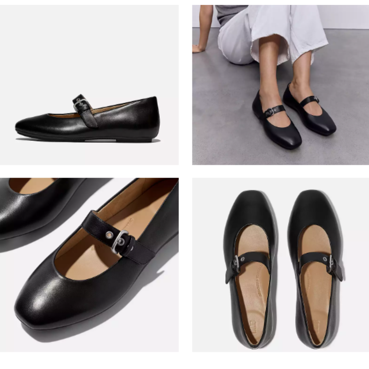 Four images of the Delicato Leather Mary Janes in All Black by Fit Flops, crafted from soft nappa leather, show close-ups, a top view, and a model pairing them with white pants.