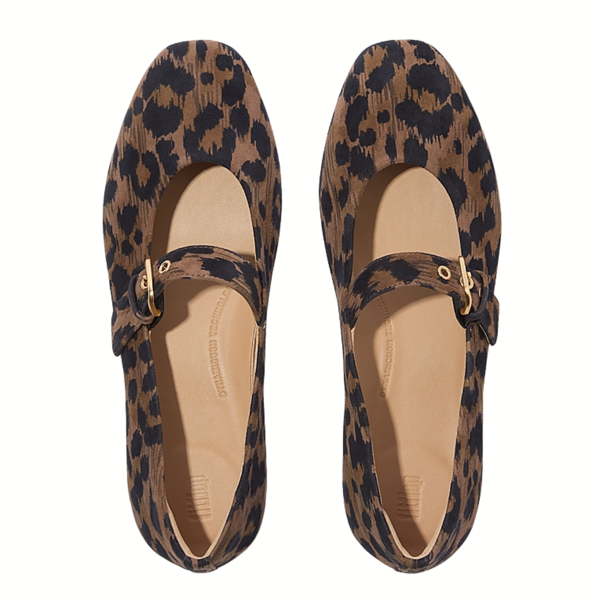 The Delicato Leather Mary Janes in Leopard by Fit Flops feature comfortable nappa leather and a brown and black leopard print, shown from above.
