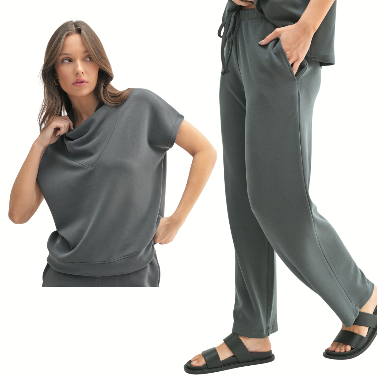 A woman models the Mono B Laguna Cowl Neck Wide Leg Pant Set—a matching dark gray lounge set with a cowl-neck short-sleeve top and wide leg drawstring pants, styled with black sandals against a white background.