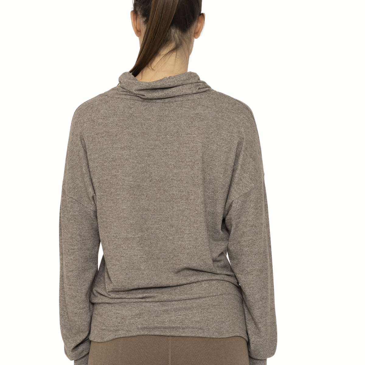 A person with brown hair in a ponytail is seen from behind, wearing the Mono B Brushed Cowl Neck Lounge Pullover in Olive, paired with brown pants, set against a white background.