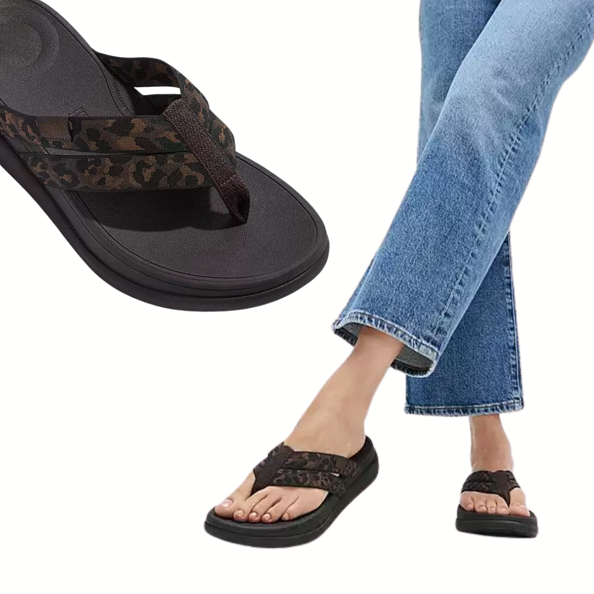 A person wears blue jeans and Fit Flops F-MODE Go Leopard Webbing Strappy Flip-Flops; a close-up shows the comfy footbed sandals' stylish, lightweight design.