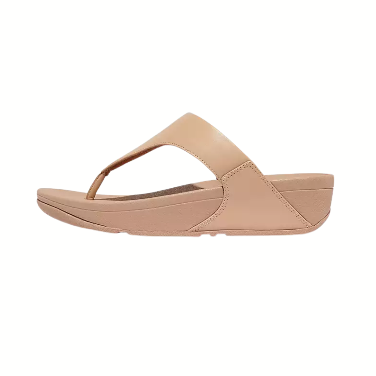 The Fit Flops LULU Leather Toe-Post Sandals in Classic Beige feature a wedge heel, wide strap, and cushioned Microwobbleboard midsoles, shown in side profile against a white background.