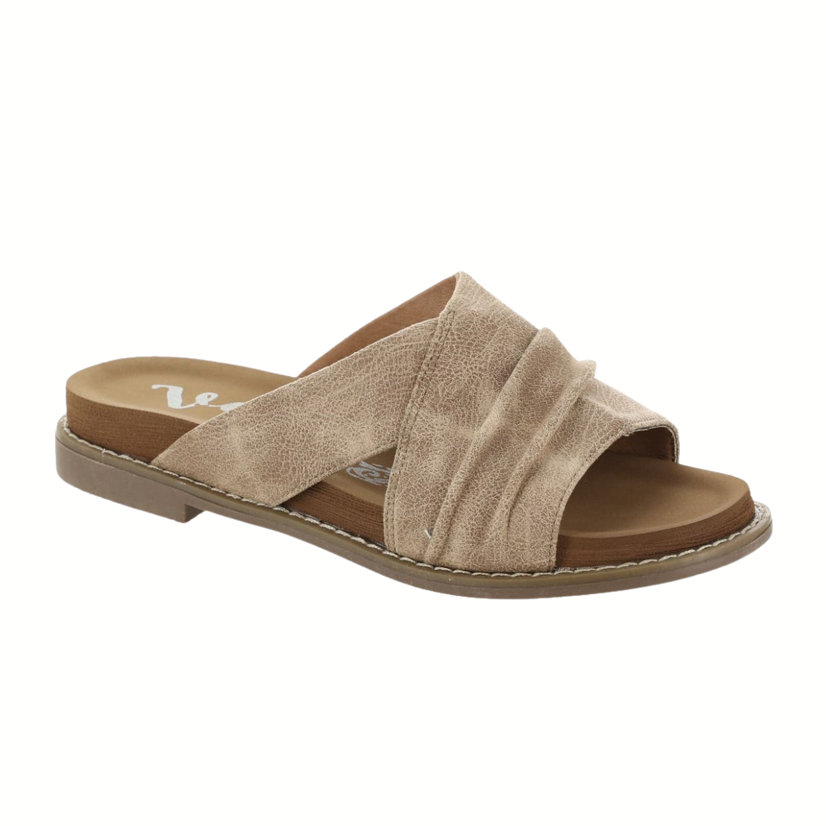 A taupe slip-on sandal by VERY G, with wide crisscross straps and flat sole featuring visible edge stitching—a relaxed alternative to classic western booties or the Jolene 2 in Taupe by Very G.