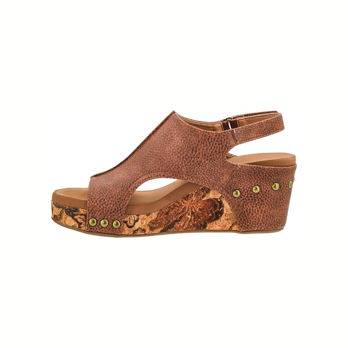 The Carley Wedge in Cognac Tumbled by CORKY'S FOOTWEAR INC features an open-toe design, floral patterned platform, green studs, and an ankle strap with buckle.