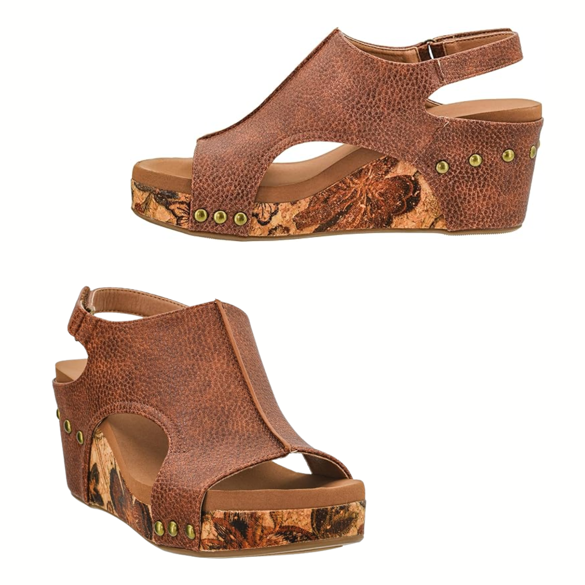 The Carley Wedge in Cognac Tumbled by CORKY'S FOOTWEAR INC features an open toe, slingback straps, green decorative studs, and a patterned wedge heel.