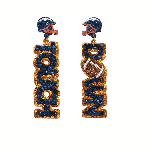 What's Hot Orange and Navy Glitter Touchdown Earrings feature football helmets and "TOUCH" and "DOWN" with a football image—perfect team jewelry for your next gameday outfit.