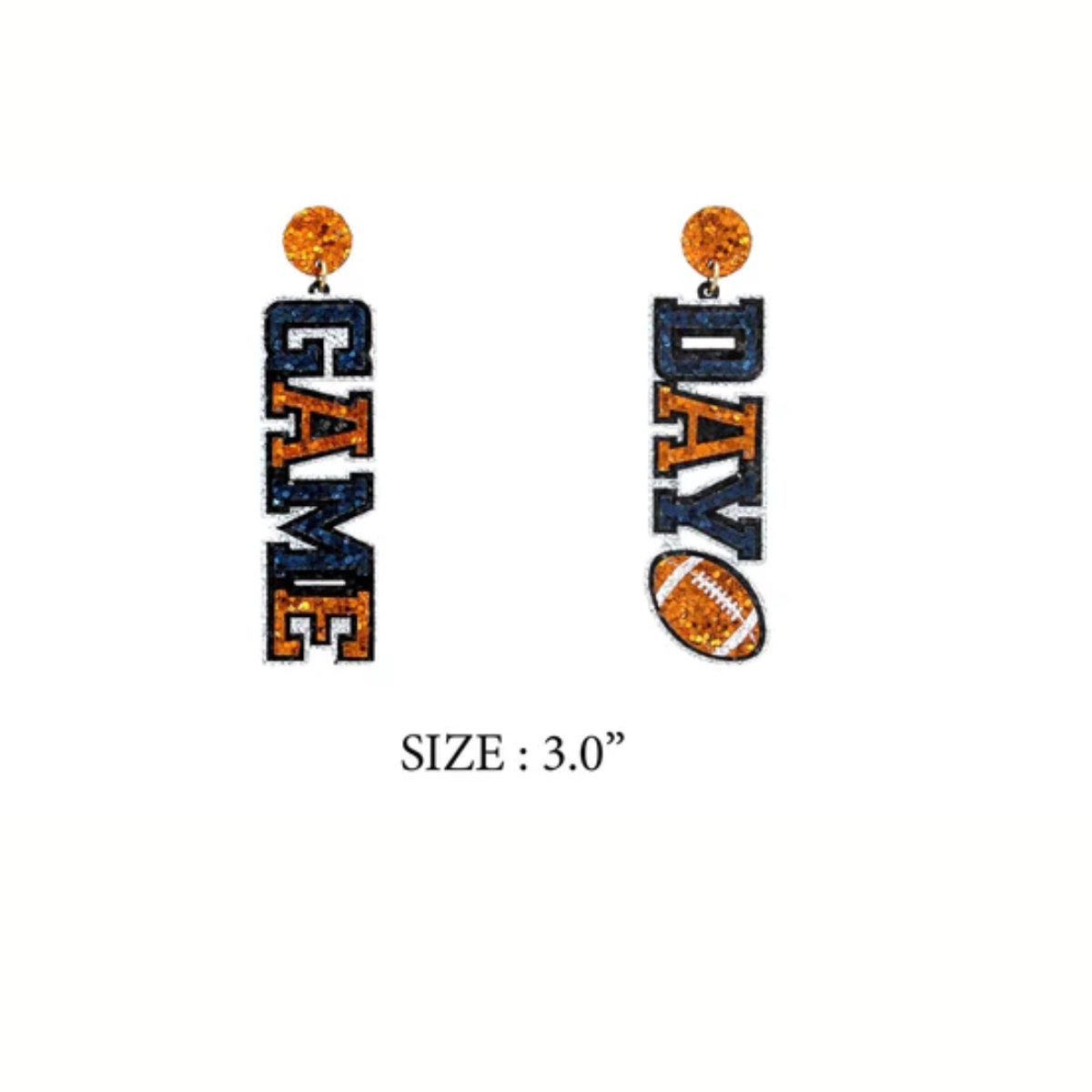 The What's Hot Navy and Orange "Gameday" Glitter 2" Earrings feature "GAME" on one, "DAY" on the other, plus a football image and sparkling glitter—perfect for showing your team spirit.