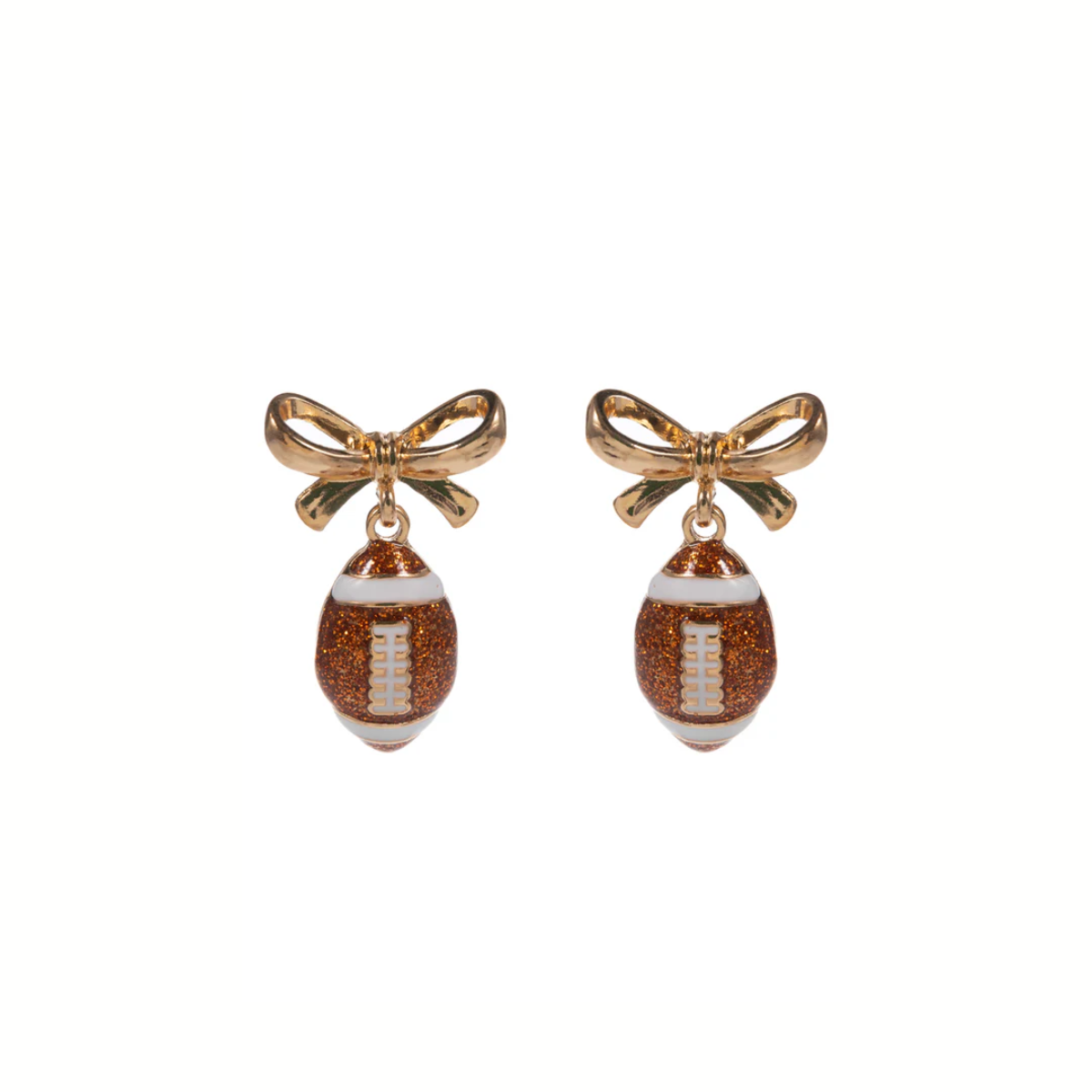 Show your team spirit with the Gold Bow Glitter Football Earrings by What's Hot, featuring sparkling brown football charms that dangle elegantly.