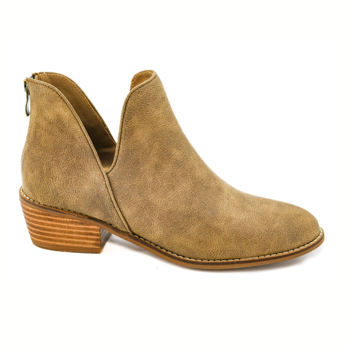 The Vanish Side Dip Ankle Boot in Taupe by CORKY'S FOOTWEAR INC features a low stacked wooden heel and side cut-out, shown in a left side profile view.
