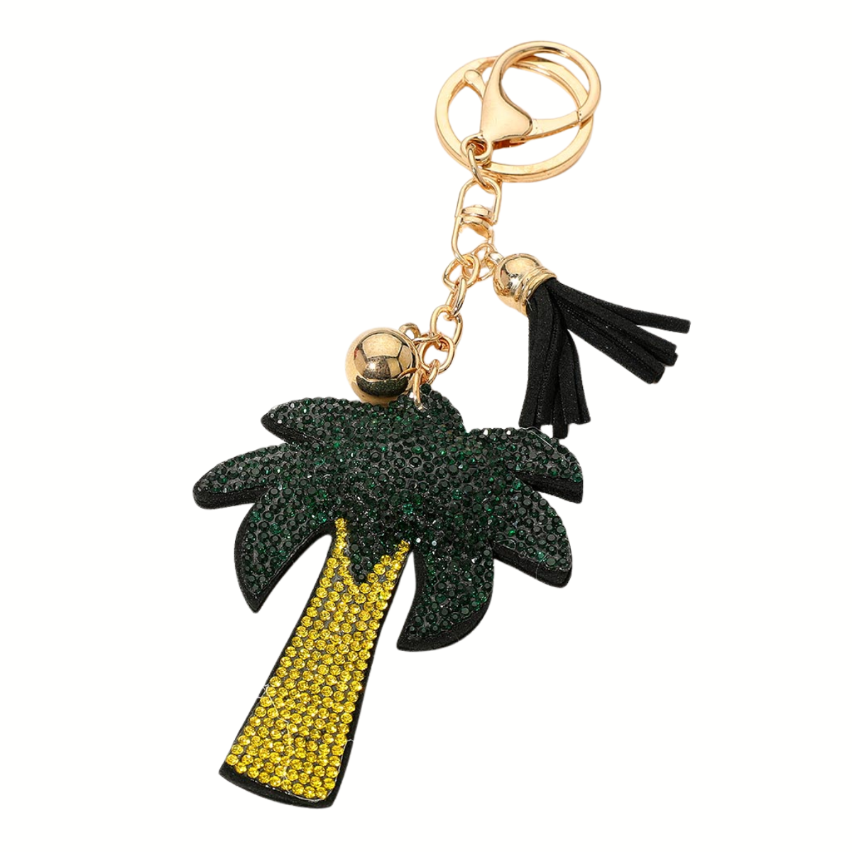 The Bling Studded Palm Tree Tassel Keychain/Bag Charm by Wona Trading features a glittery green and yellow palm tree charm, gold ball, and black tassel—an ideal tropical accessory for any bag.