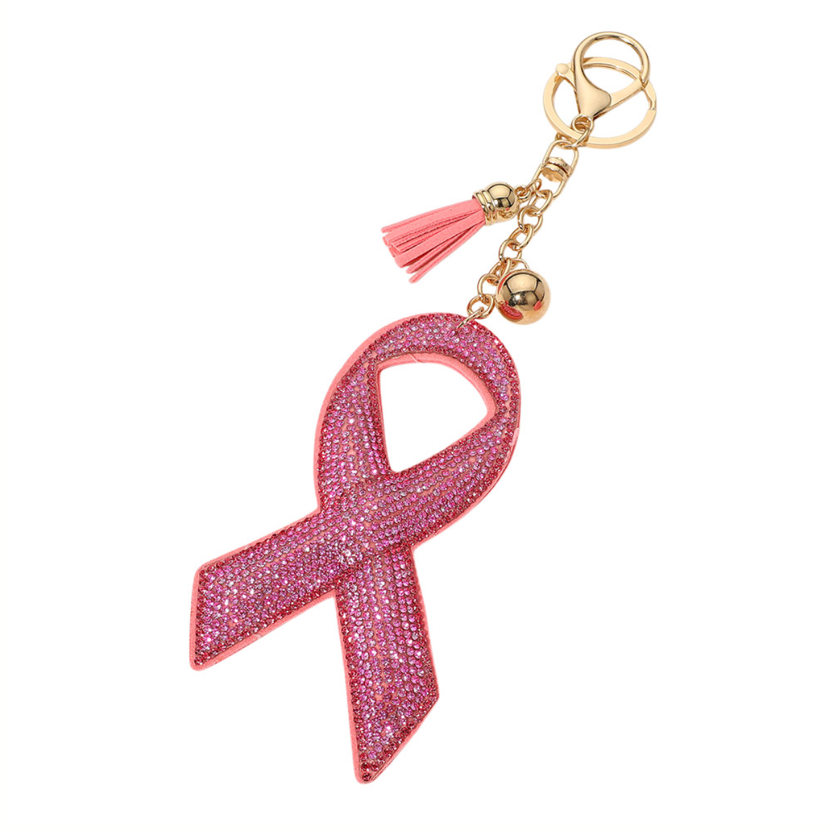 The Wona Trading Felt Back Bling Studded Plush Pink Ribbon Keychain features a sparkling ribbon charm and pink tassel—perfect as an awareness gift or bag charm.