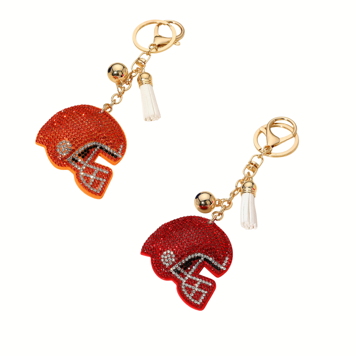 Two Wona Trading Bling Studded Helmet Keychains featuring red rhinestone football helmets and small white tassels, perfect as bag charms.