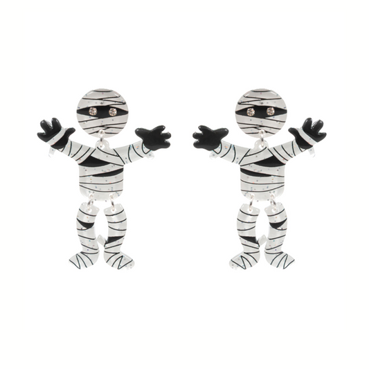 The Stone Pointed Resin Mummy Dangle Earrings by Wona Trading feature two black-and-white striped mummy figures with black hands, shown against a plain white background—perfect spooky accessories for Halloween.