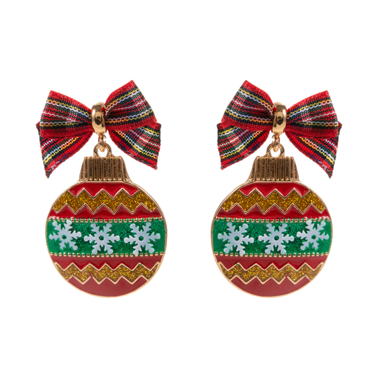 The Wona Trading Bow Pointed Enamel Christmas Ornament Dangle Earrings feature festive red, gold, and green patterns with striped bows and are hypoallergenic for comfortable holiday wear.