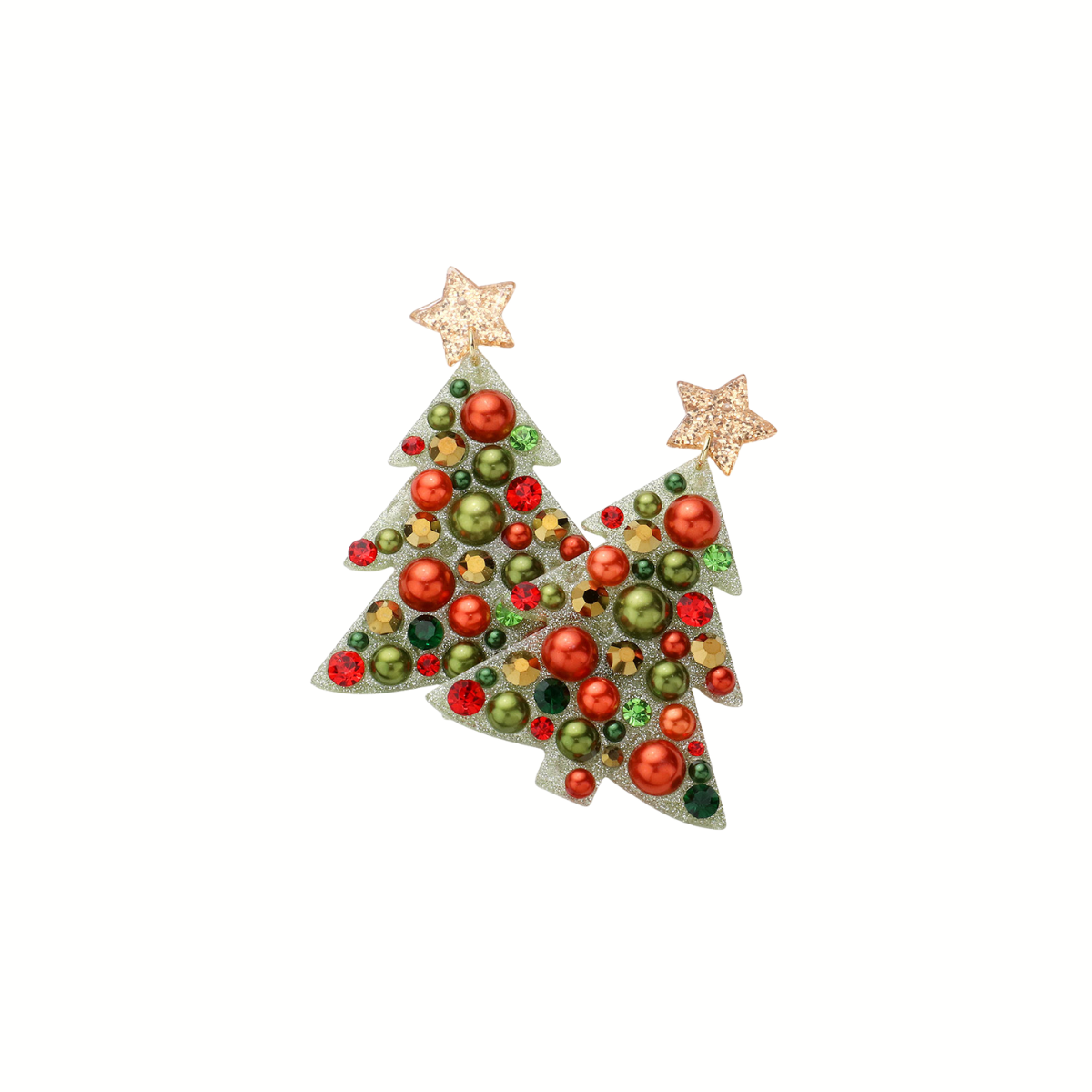 The Christmas Tree Earrings by wona trading feature tree shapes topped with gold stars and adorned with red, green, and gold baubles, capturing festive holiday charm against a white background.