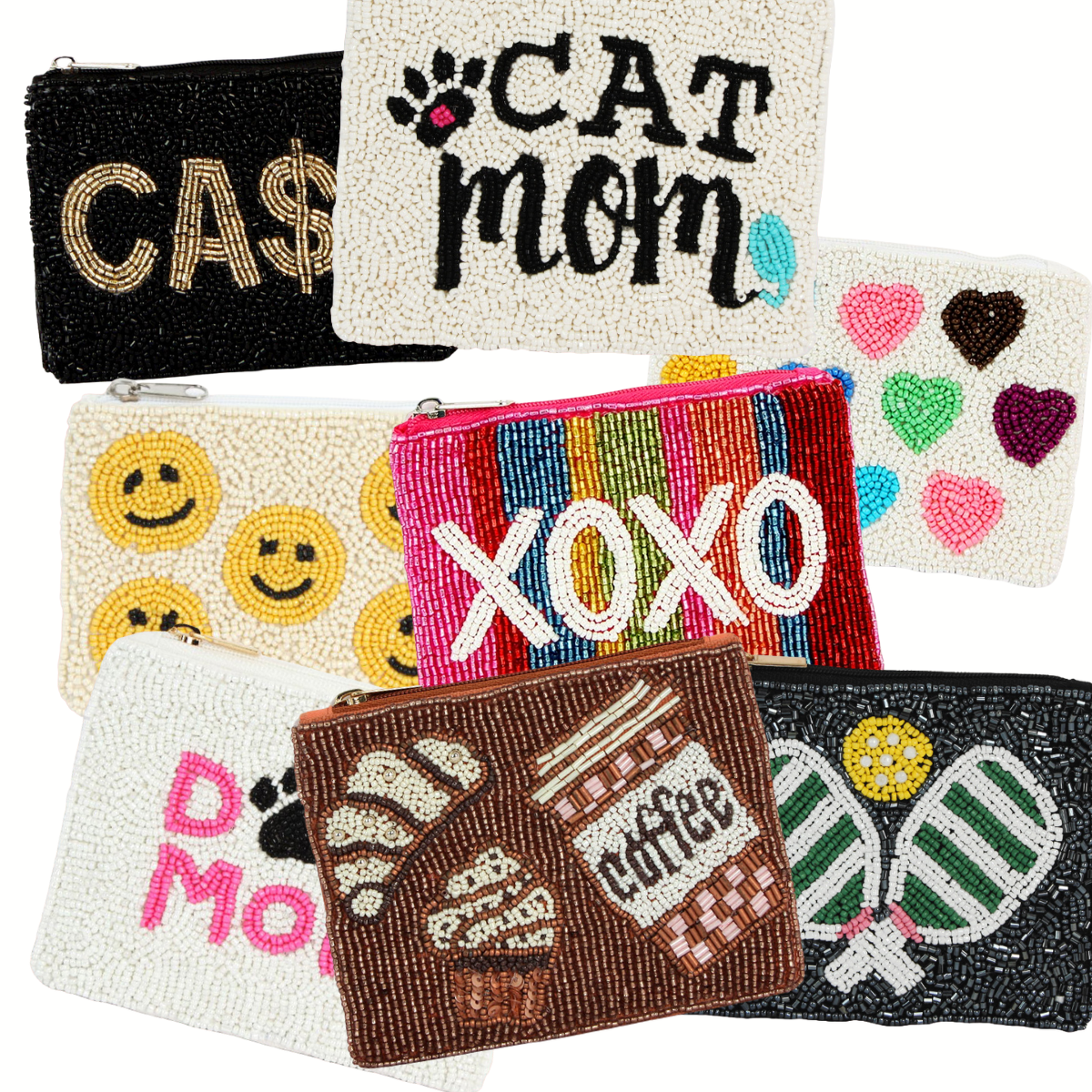 The Seed Bead Accented Mini Pouch Bag Assorted by Wona Trading features fun designs and sayings like "CAT MOM," "XOXO," "CA$H," emojis, hearts, pastries, and tennis rackets—an ideal gift for any fashion lover.