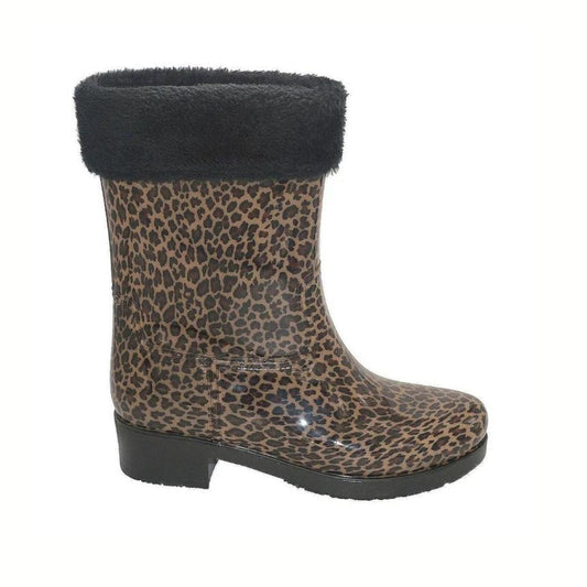 GOLDEN ROADTRADING Leopard Rainboots: a single 3/4 shaft boot with leopard print, black faux fur cuff, and removable lining shown on a white background.