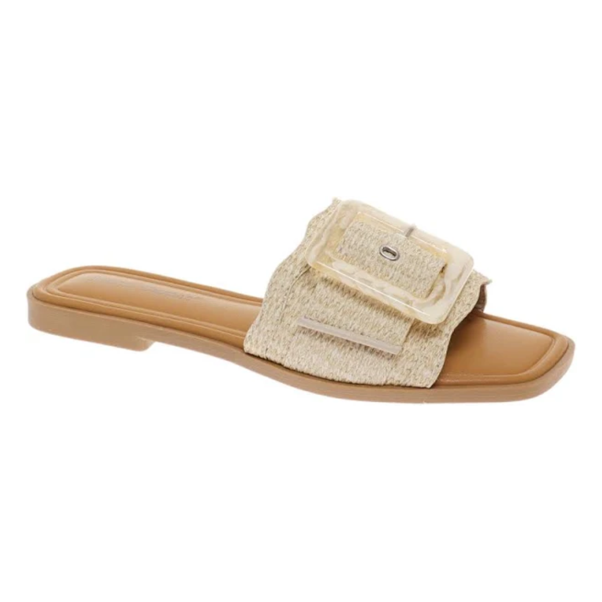 The Emy-1 Rattan Sandal in Natural by Pierre Dumas for the Olem brand features a tan slide design, a flat brown sole, and a wide textured beige strap with a large decorative buckle.