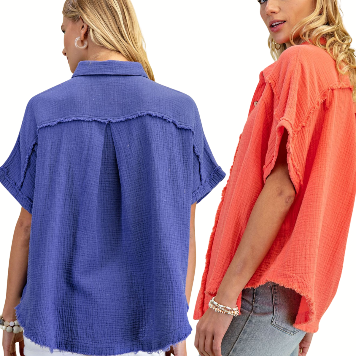 Two women wear Gigio Gauze Button Down Tops with Distressed Raw Edge: one in blue shown from the back, the other in orange shown from the side. Both tops feature relaxed short sleeves and raw hems for a casual boho vibe.