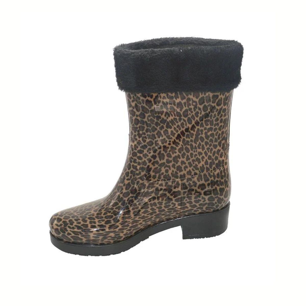 The GOLDEN ROADTRADING Leopard Rainboots feature a 3/4 shaft, black faux fur cuff, and removable lining. Shown as a single boot with leopard print on a white background.