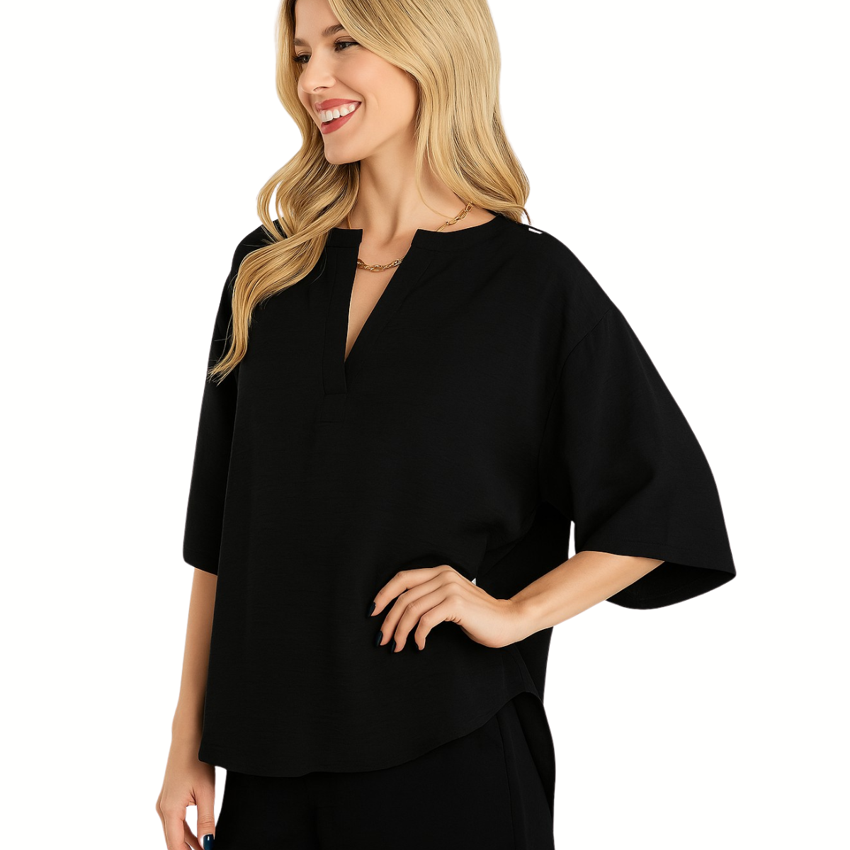 A woman stands sideways, smiling with one hand on her hip, wearing the FASHION GO Split Neckline Air Flow Top in Black with elbow-length sleeves, made from soft polyester and spandex.
