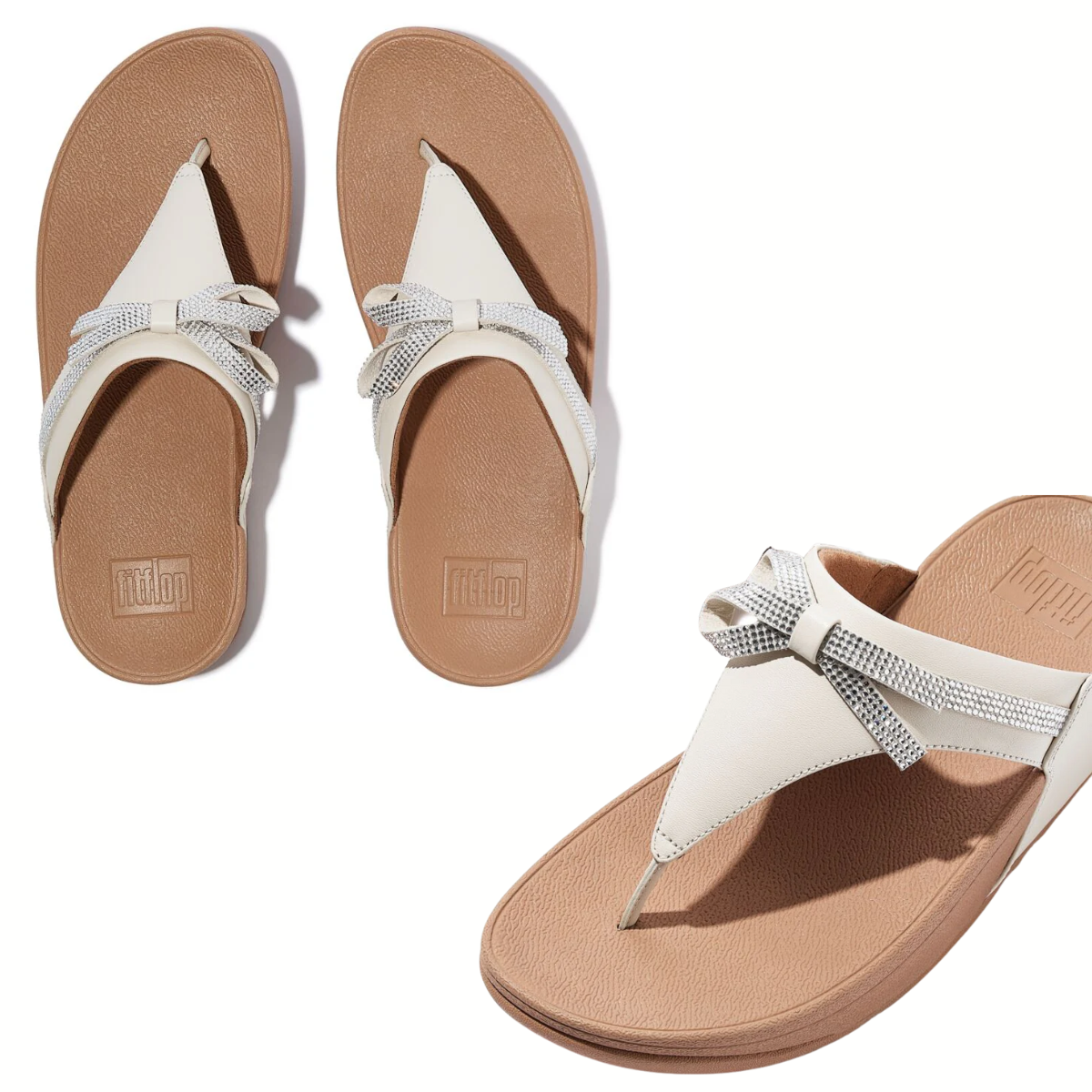 Fit Flops Lulu Glitz Bow Leather Sandals in Paris Beige, featuring a decorative bow, textured footbeds, and slight heel elevation, shown from various angles on a white background.