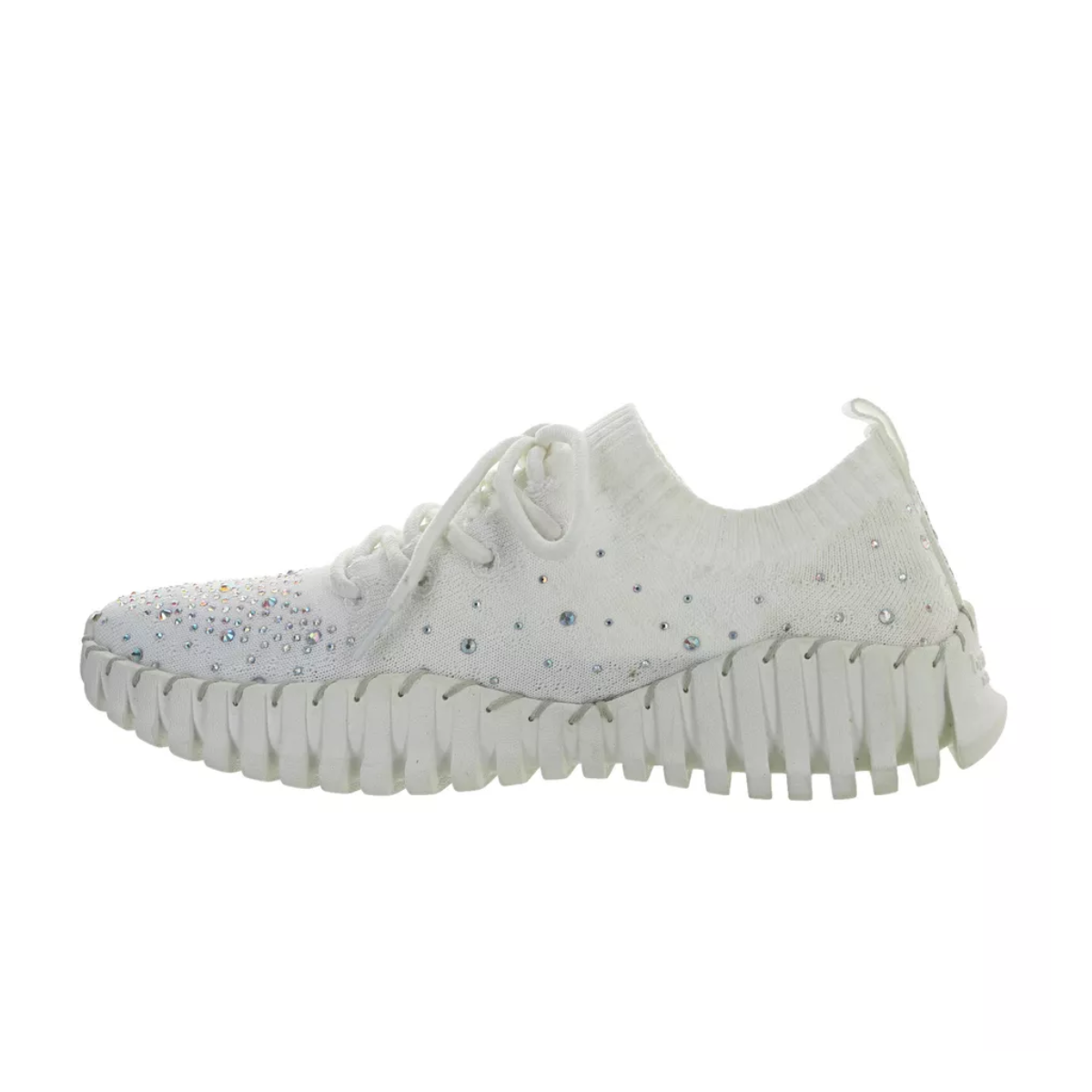 Gravity Crystals Knit Sneakers in White by Bernie Mev feature a ribbed sole and laces, adorned with colorful rhinestone embellishments on durable fabric.