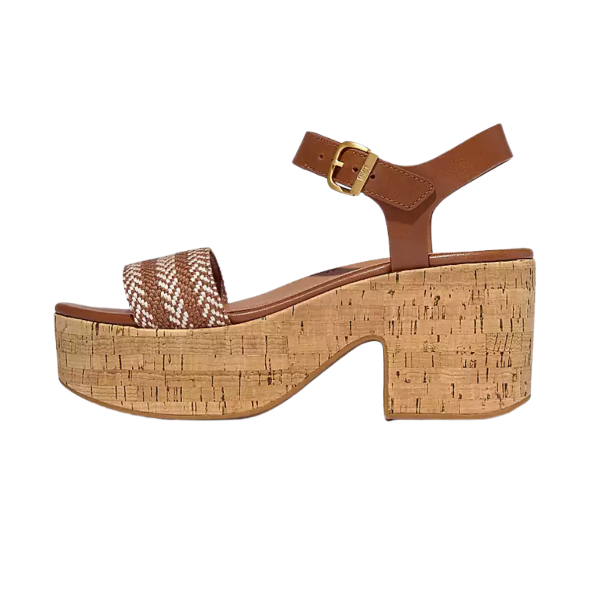 The PLATFFORMS V-Weave/Cork Heeled Ankle-Strap Sandals by Fit Flops feature brown cork-wrap soles, a buckled ankle strap, and a graphic weave pattern on the front strap.