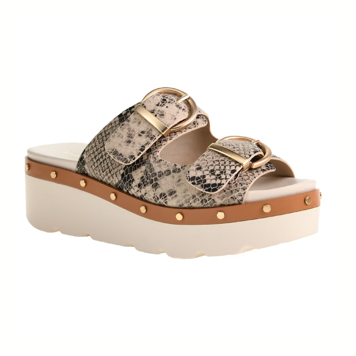Introducing the Surf's Up Cream and Snake Wedge by Chinese Laundry: a trendy platform sandal with a snake print, two oversized buckle straps, brown trim with gold studs, and a thick white sole—perfect for making a bold statement this season.
