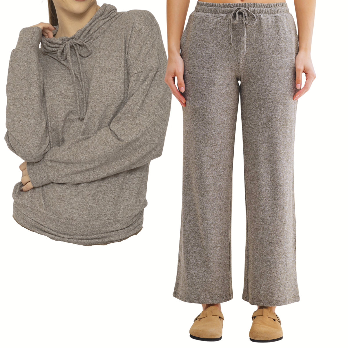 A person wearing the monob Brushed Hacci Cowl Neck Pullover Loungewear Set in gray, styled with tan slip-on shoes.