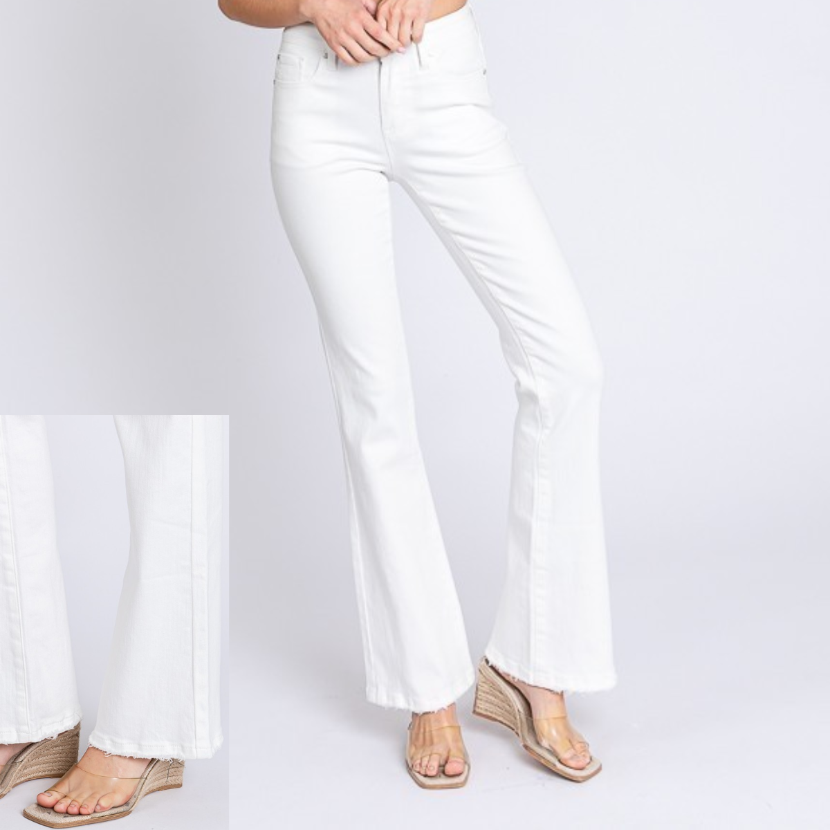 A person models the FASHION GO White Mid Rise Stretch Classic Boot Cut Jeans and wedge sandals against a plain backdrop. To the left, an inset zooms in on the classic bootcut hem, showcasing its timeless appeal.