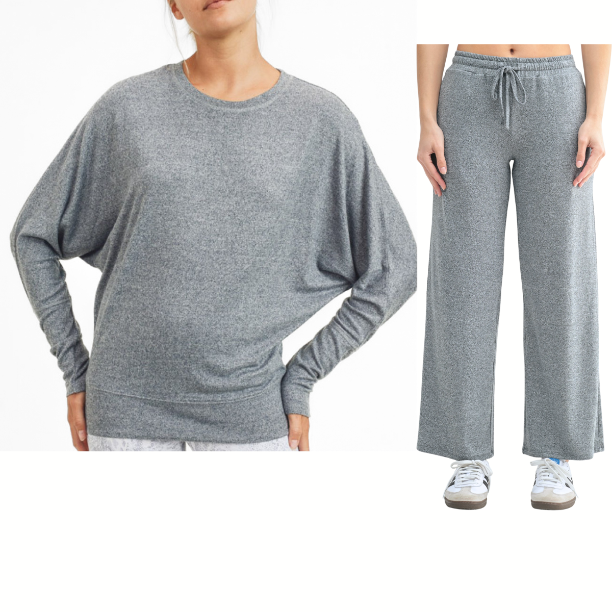 A woman wears the Mono B Dolman-sleeved Top Brushed Hacci Wide Leg Lounge Set, featuring a loose-fit grey sweater with wide-leg pants and drawstring waist, paired with white sneakers.
