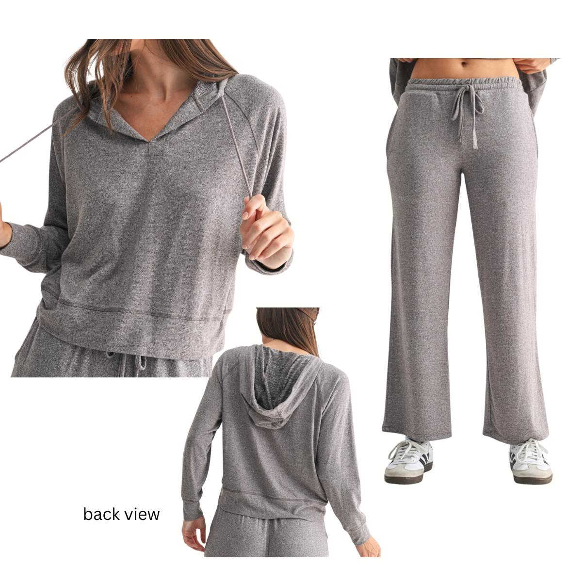 A woman wears the Mono B Brushed Hacci Henley Hoodie Loungewear Set—a light gray, long-sleeve set with drawstring pants. Images display front and back views plus a close-up of the soft lounge pullover top.