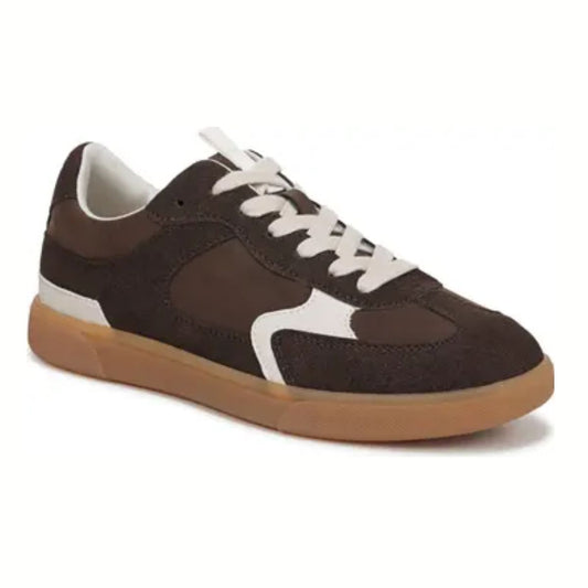 The Tastic Sneaker by Blowfish in Brown from CALERES INC features a brown and white design with a gum sole, shown at an angle highlighting the outer side and front—ideal for casual comfort.