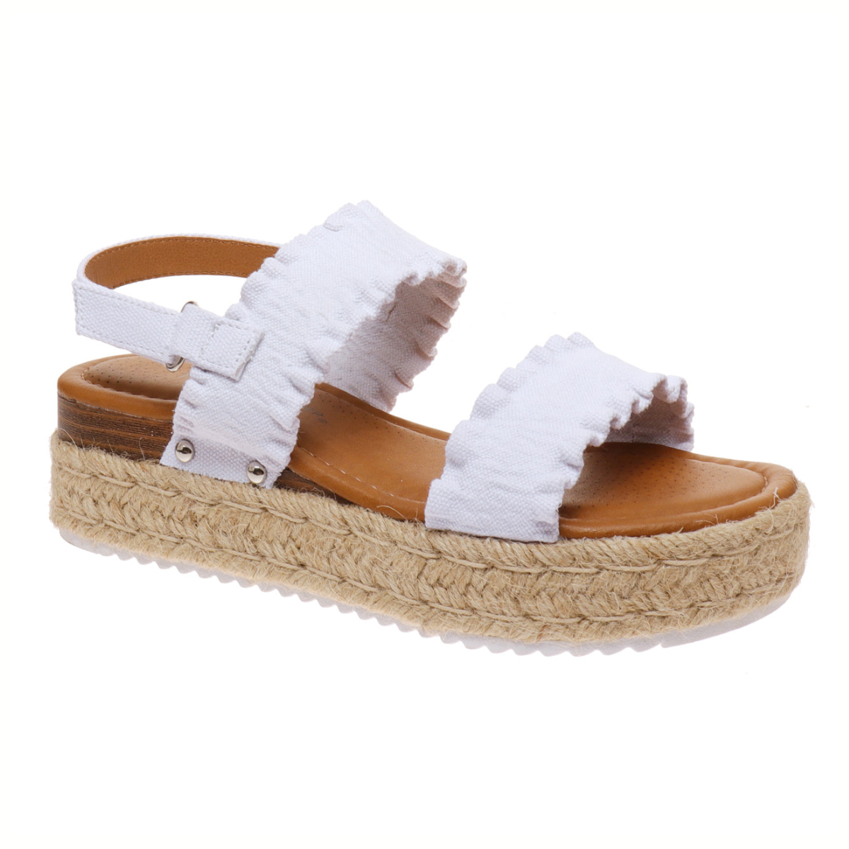 The Magic-9 Platform Sandal in White by OLEM SHOE CORP features a fabric upper, two ruffled fabric straps, an adjustable ankle strap, and a braided jute sole.