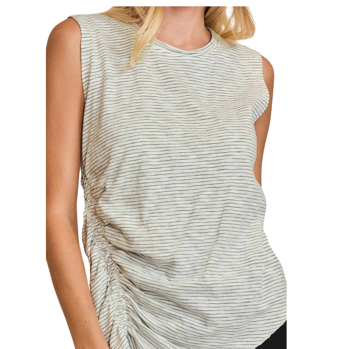 A woman wearing the Umgee Striped Sleeveless Shirred Top featuring ruched and shirred details.