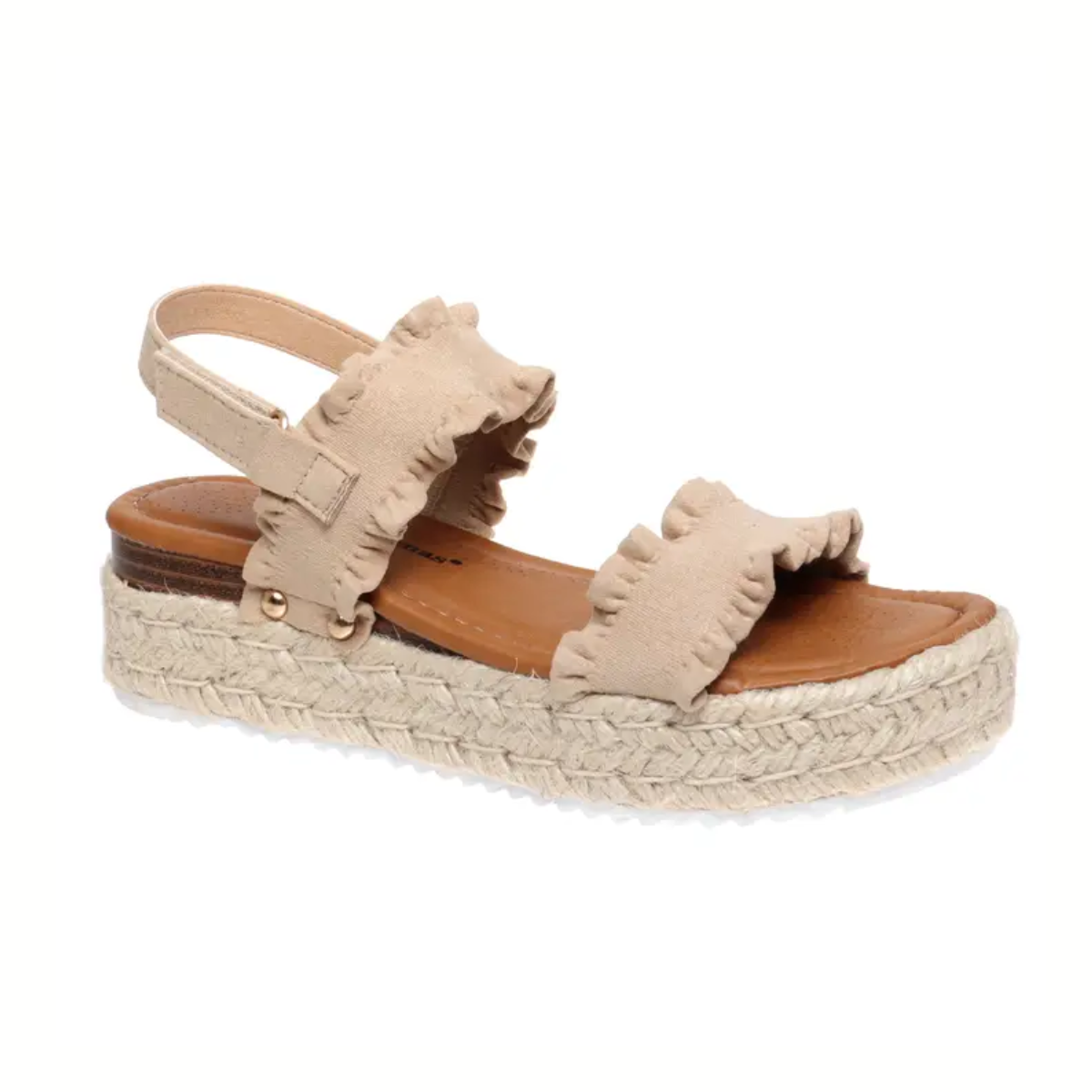 The Magic-9 Platform Sandal in Nude by OLEM SHOE CORP features an adjustable ankle strap, ruffled fabric upper, a braided rope platform sole, and a comfortable padded insole.