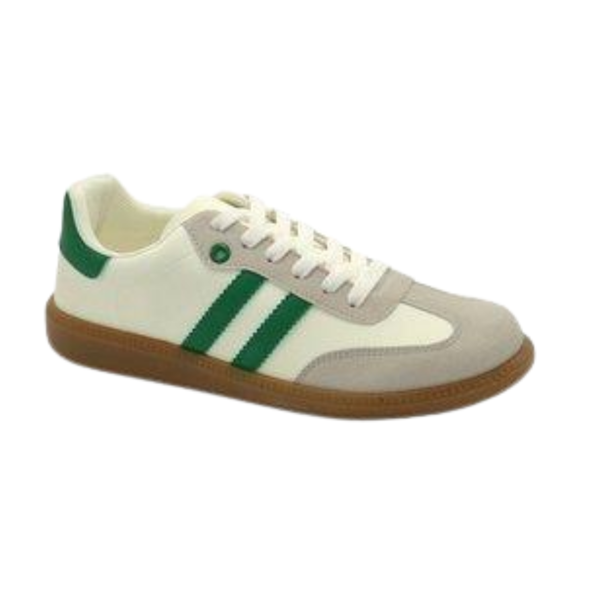 The GND Sneaker in Green and White by GND features gray accents, green stripes, white laces, and a brown rubber sole for a classic look.