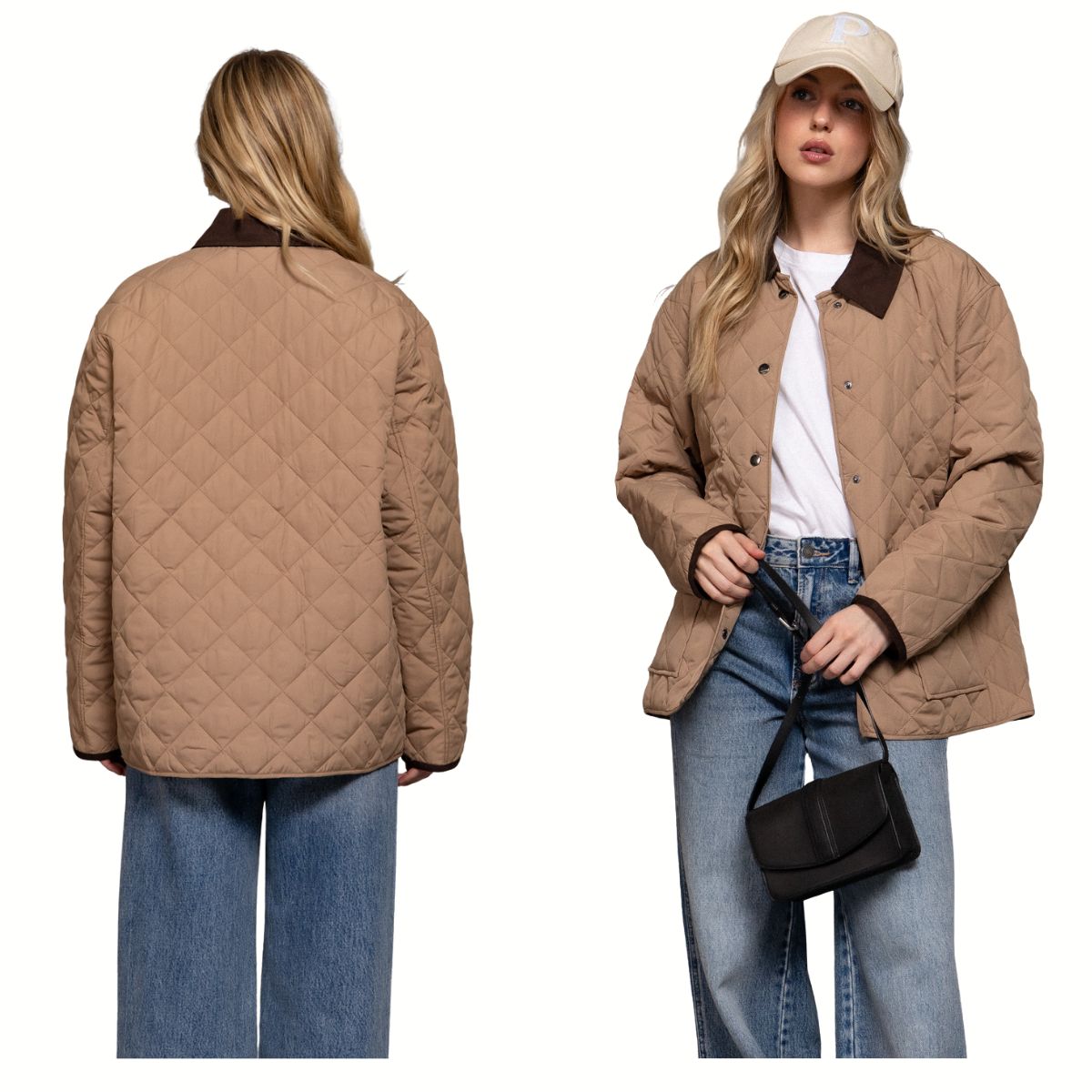 A woman models the FASHION GO Long Sleeve Puffer Jacket with Contrasting Collar in tan, styled with blue jeans and a beige cap, shown from front and back; in front view, she carries a small black bag.