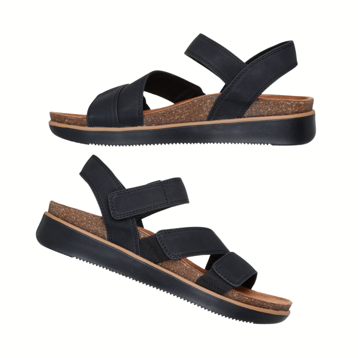 Two "Lifted Comfort in Black" sandals by SKECHERS USA INC, featuring adjustable straps and cork footbeds, are displayed from the side on a white background.
